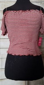 Off Shoulder Lettuce Trim Striped Top